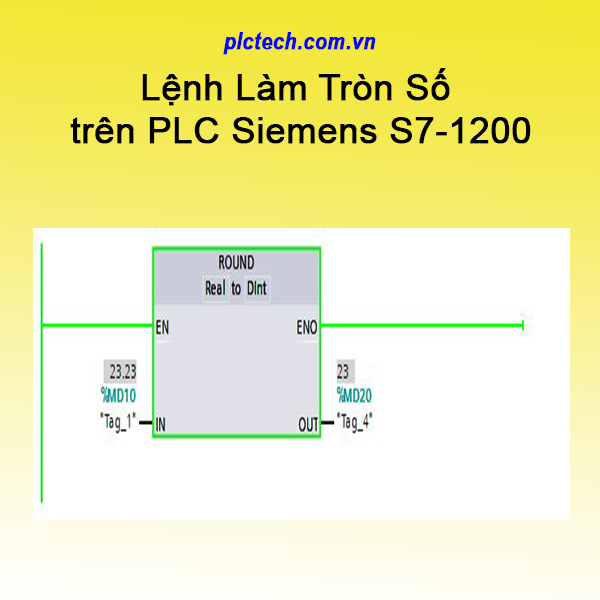 Mô tả chi tiết lệnh làm tròn số trên PLC Siemens S7-1200 - Cú pháp lệnh ROUND - Real là kiểu dữ liệu đầu vào cần làm tròn - Dint là kiểu dữ liệu sau khi làm tròn - IN là địa chỉ ô nhớ chứa giá trị cần làm tròn, sử dụng trên vùng nhớ: Real, LReal - OUT là địa chỉ ô nhớ chứa giá trị sau khi làm tròn, sử dụng trên vùng nhớ: SInt, Int, DInt, USInt, UInt, UDInt, Real, LReal => Mô tả ví dụ: lệnh ROUND như trên hình sẽ làm tròn số thực ở MD10 là 23.23 sau đó lưu vào ô nhớ MD20 dưới dạng số nguyên là 23. Ngoài ra thì trên plc siemens s7-1200 còn có lệnh làm tròn số có cú pháp là TRUNC sẽ có tác dụng loại bỏ phần thập phân của số thực sau đó chuyển thành số nguyên.