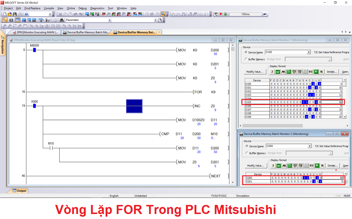 vòng lặp FOR trong plc mitsubishi