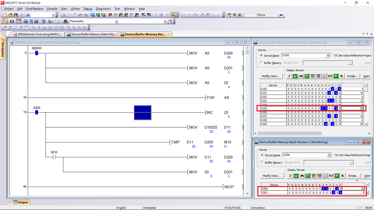 vòng lặp FOR trong plc mitsubishi